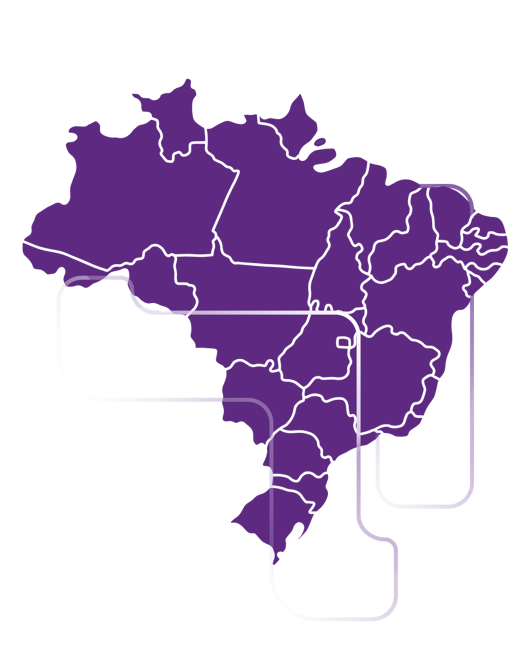 Mapa do brasil em roxo com um texto informativo falando que a Fortmobile está presente em 100% do território brasileiro
