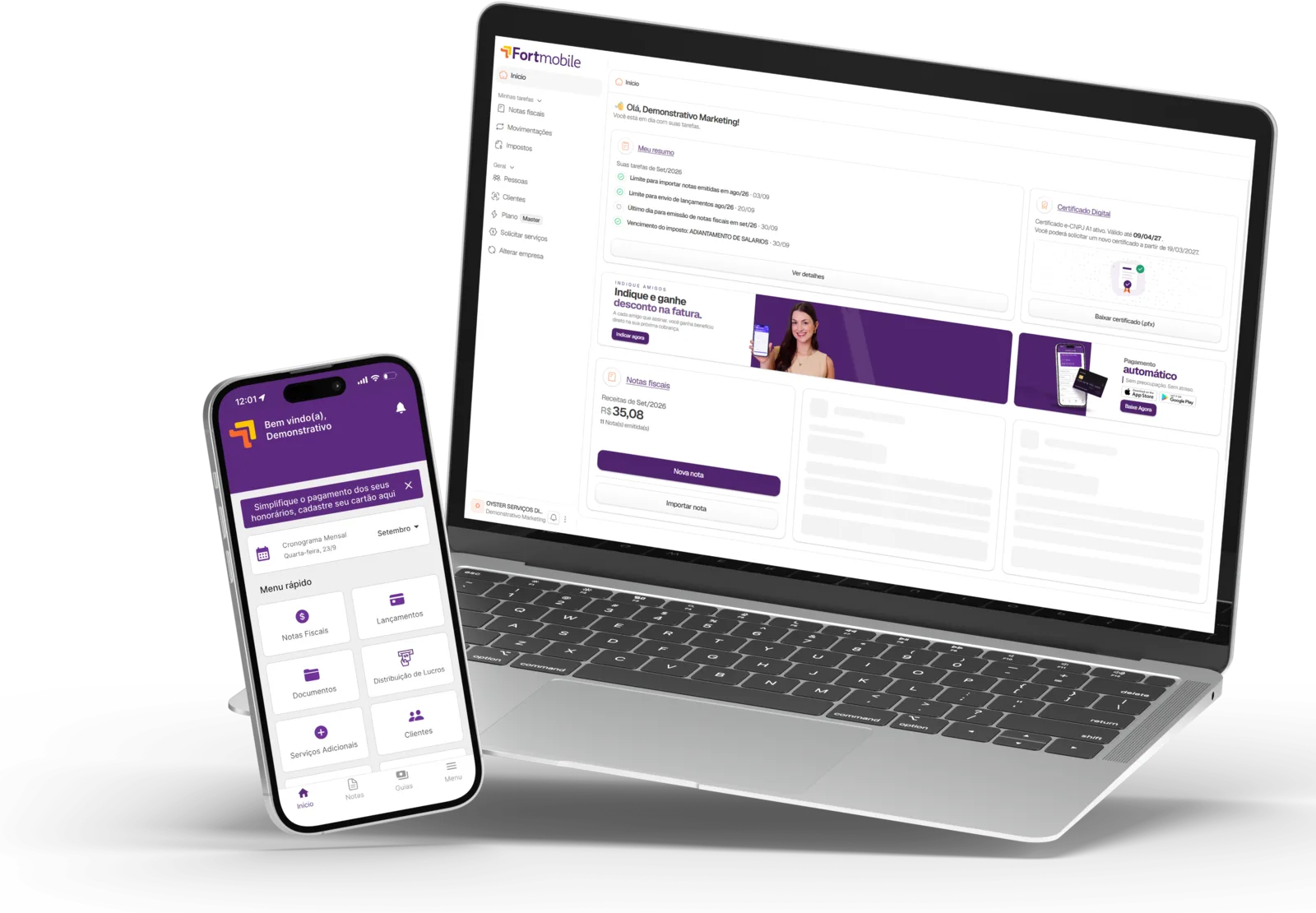 Plataforma da Fortmobile aberta no notebook e no celular